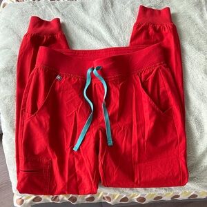 Figs Red Joggers with Teal Drawstring